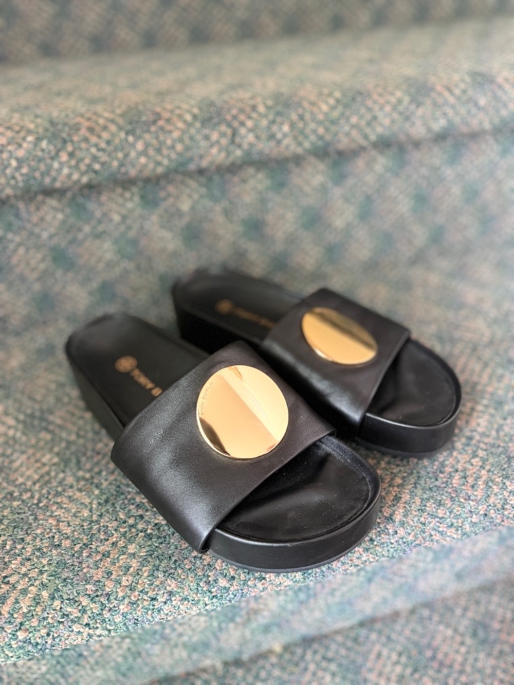 Tory Burch Black Slide Sandals with Gold Disc Detail size 7M